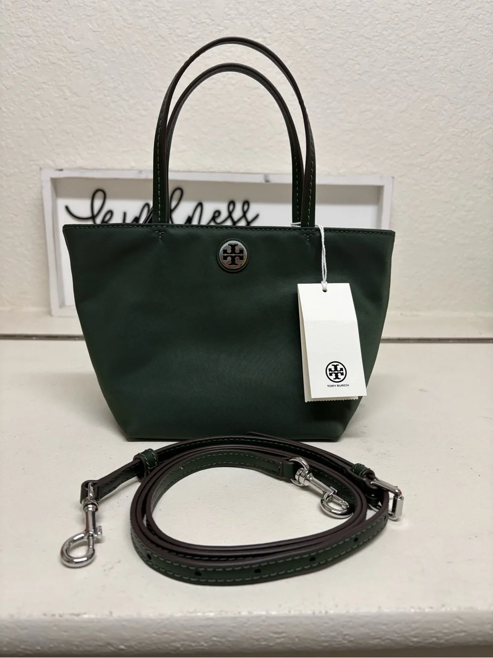Tory Burch Forest Green Mini Tote with Removable Strap